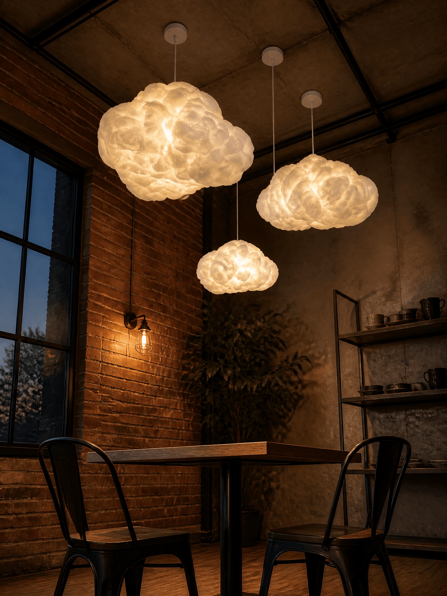 Winglume cloud pendant lights hanging in a cozy cafe