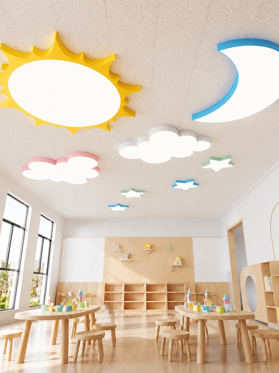 Winglume cartoon LED ceiling lights - sun, moon, clouds and stars - brightening a modern kindergarten classroom